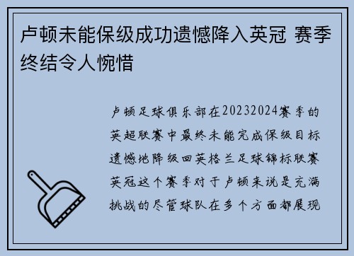 卢顿未能保级成功遗憾降入英冠 赛季终结令人惋惜